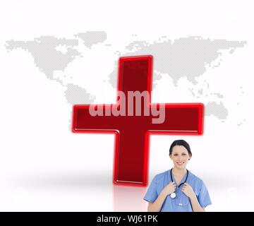 Composite image of smiling medical intern wearing a blue short-sleeve uniform on white global background with red cross Stock Photo