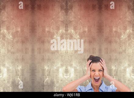 Composite image of stressed businesswoman with hand on her head on abstract grey background Stock Photo