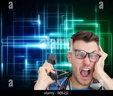 Composite image of frustrated computer engineer screaming while on call on black background with glowing lines Stock Photo