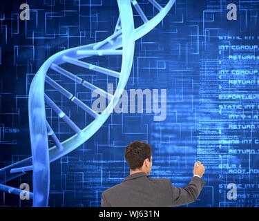 Composite image of businessman standing back to camera writing with marker next to dna spiral on blue matrix background Stock Photo