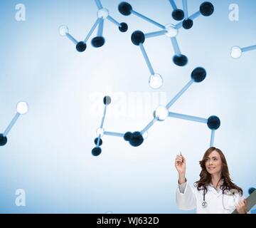Composite image of happy doctor holding clipboard and pointing at 3d molecules on bright background Stock Photo