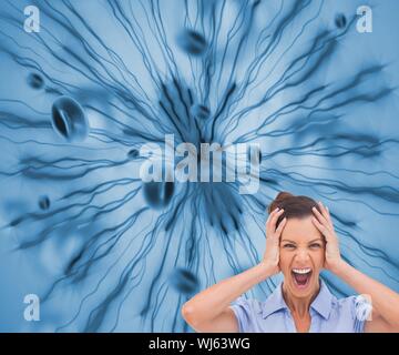 Composite image of stressed businesswoman with hand on her head on futuristic blue background Stock Photo
