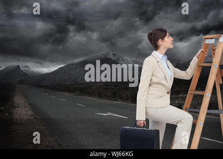 Composite image of businesswoman climbing career ladder with briefcase Stock Photo