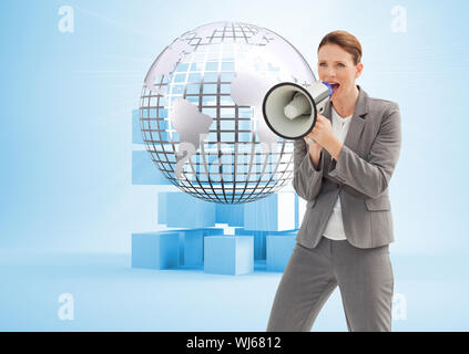 Composite image of businesswoman is talking  on a megaphone against a white background Stock Photo