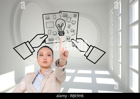 Composite image of unsmiling asian businesswoman pointing Stock Photo