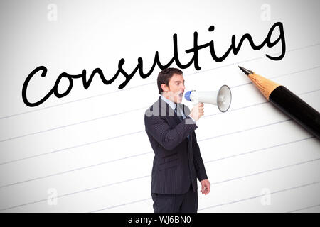 Composite image of standing businessman shouting through a megaphone agaisnt white Stock Photo