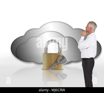 Composite image of thoughtful businessman posing on white background Stock Photo
