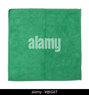 Top view of a folded green microfiber cleaning cloth isolated on a white background. Stock Photo