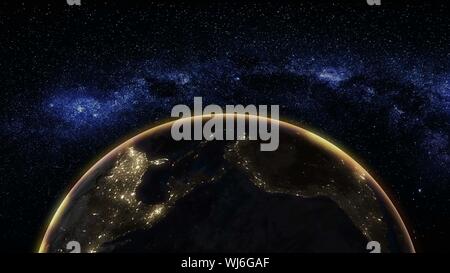 Sunrise view from space on Planet Earth. World rotating on its axis in black Universe in stars. Globe Horizon atmosphere. High detailed 4k 3D Render animation. Elements of this image furnished by NASA Stock Photo