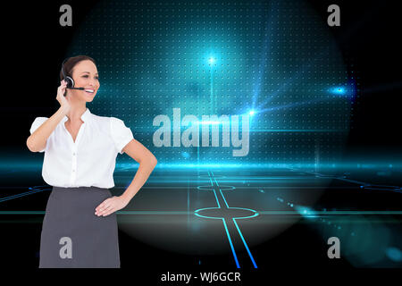 Composite image of cheerful smart call center agent working while posing on white background Stock Photo
