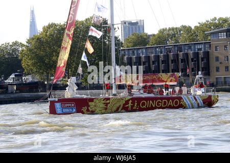 Clipper Round The World Race Yacht Qingdao heading down the Thames towards the race start off Southend. Stock Photo