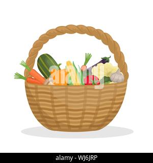Wicker basket with autumn vegetables. Harvest. Flat vector illustration. Stock Vector
