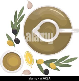 Olive oil in a decanter, lemon slices, olives, olive branch. Flat lay. Flat vector illustration. Stock Vector