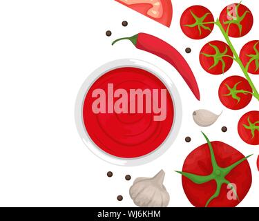 Ingredients for tomato sauce. Ketchup, cherry tomatoes, chili, garlic and black pepper. Flat lay. Flat vector illustration. Stock Vector