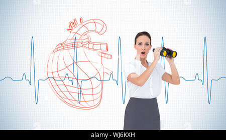Composite image of astonished elegant businesswoman holding binoculars while posing on white background Stock Photo