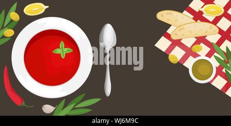 Gazpacho soup in a plate with slices of ciabatta, chili, olive oil and olives, cherry tomatoes. Flat lay. Flat vector illustration. Stock Vector