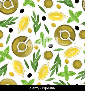 Seamless pattern with olive oil in a decanter, lemon slices, olives, olive branch. Flat lay. Flat vector background. Stock Vector