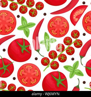 Seamless pattern with ingredients for tomato sauce. Ketchup, cherry tomatoes, chili, garlic and black pepper. Flat lay. Flat vector background. Stock Vector