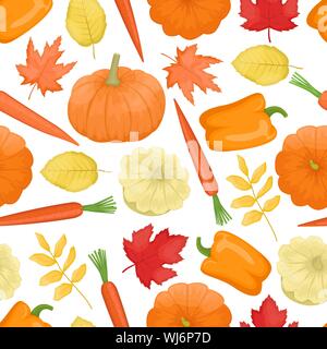 Seamless pattern with autumn vegetables. Pumpkin, squash, pepper, carrots, and autumn leaves. Harvest. Flat vector background. Stock Vector