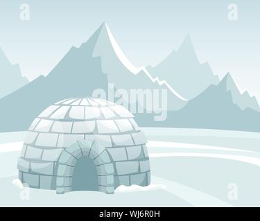 Ice igloo in the field against the mountains. Winter Northern landscape. The life of the Inuit. Flat vector illustration Stock Vector