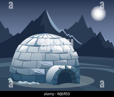 Ice igloo in the field against the mountains. Winter Northern landscape in the night. The life of the Inuit. Flat vector illustration Stock Vector
