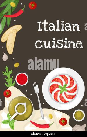 Poster with Italian cuisine. Caprese with Basil leaves. Slices of ciabatta and lemon, chili, olive oil and olives, olive branch and garlic. Flat lay. Stock Vector