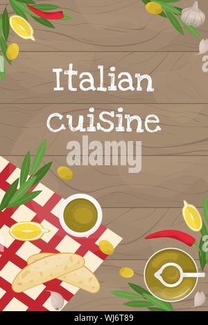 Poster with Italian cuisine. Slices of ciabatta and lemon, chili, olive oil and olives, olive branch and garlic. Flat lay. Flat vector illustration. Stock Vector