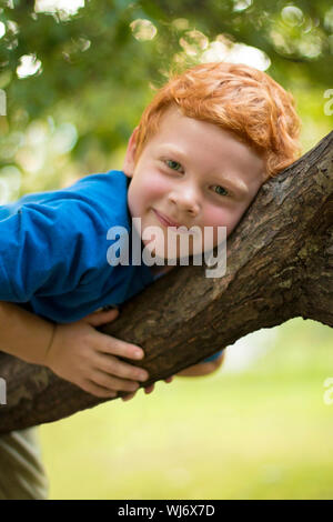 European boy with green eyes looking directly at the camera, close-up. Funny little child with curly ginger hair and freckles lying on a tree Stock Photo