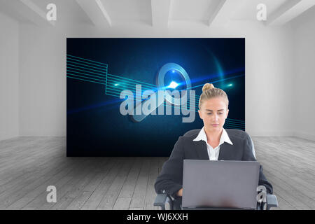 Composite image of blonde businesswoman sitting on swivel chair with laptop Stock Photo