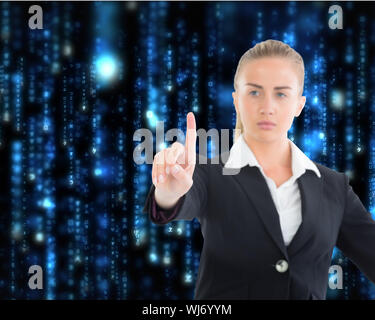 Composite image of blonde businesswoman pointing somewhere Stock Photo