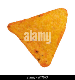 Top view of a single cheese flavored tortilla chip isolated on a white background. Stock Photo