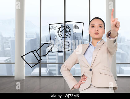 Composite image of unsmiling asian businesswoman pointing Stock Photo