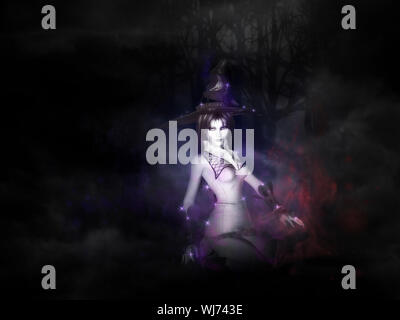 Halloween background with witch conjuring in dark foggy forest. Stock Photo