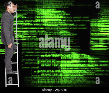 Composite image of stern businessman standing on ladder peering Stock Photo