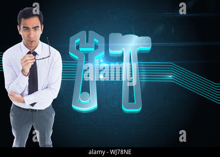 Composite image of unsmiling businessman holding glasses Stock Photo