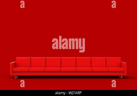 Extremely long red sofa isolated on red background. 3d rendering Stock Photo