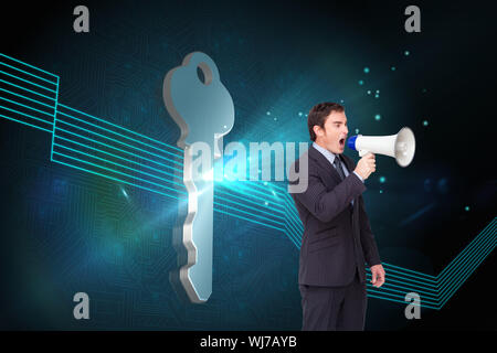 Composite image of standing businessman shouting through a megaphone agaisnt white Stock Photo