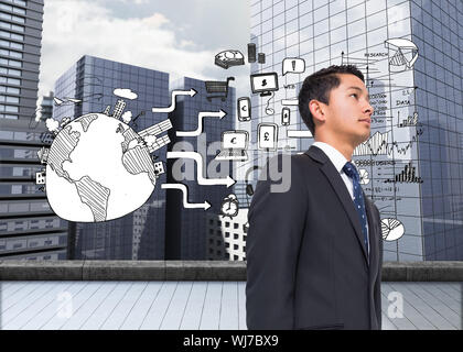 Composite image of black white graphic over cityscape background Stock Photo