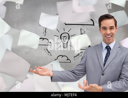 Composite image of young businessman presenting something Stock Photo