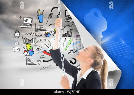 Composite image of blonde businesswoman pulling a chain Stock Photo