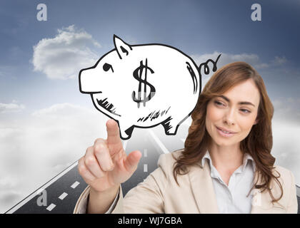 Composite image of businesswoman touching invisible screen Stock Photo