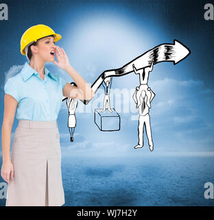 Composite image of attractive architect yelling at workers Stock Photo