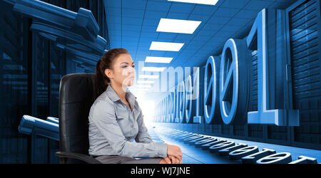 Composite image of portrait of a serious businesswoman sitting on an armchair against a white background Stock Photo
