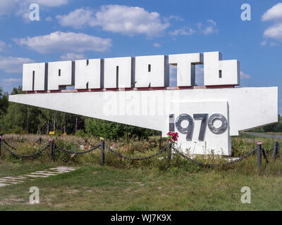 Pripyat city limit sign in 2019, Ukraine Stock Photo