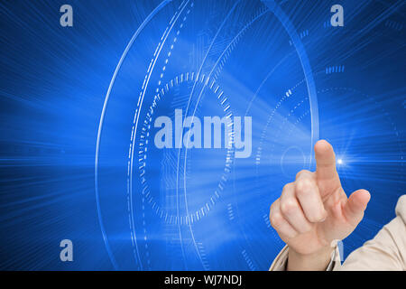 Composite image of businesswoman touching invisible screen against white background Stock Photo