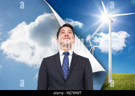 Composite image of sky background over turbine background Stock Photo