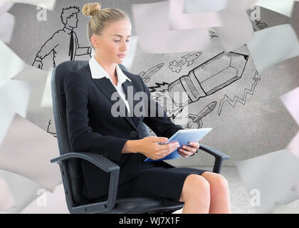 Composite image of blonde businesswoman sitting on swivel chair with tablet Stock Photo