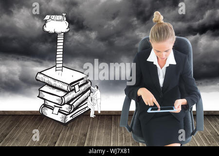 Composite image of blonde businesswoman sitting on swivel chair with tablet Stock Photo