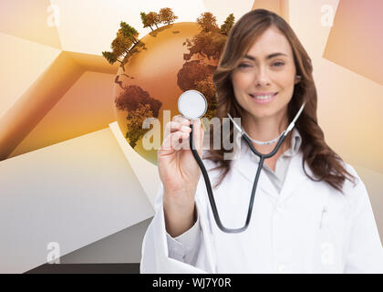 Composite image of happy brunette doctor using stethoscope Stock Photo