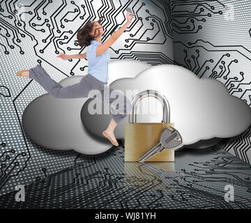Composite image of happy classy businesswoman jumping while holding smartphone on white background Stock Photo
